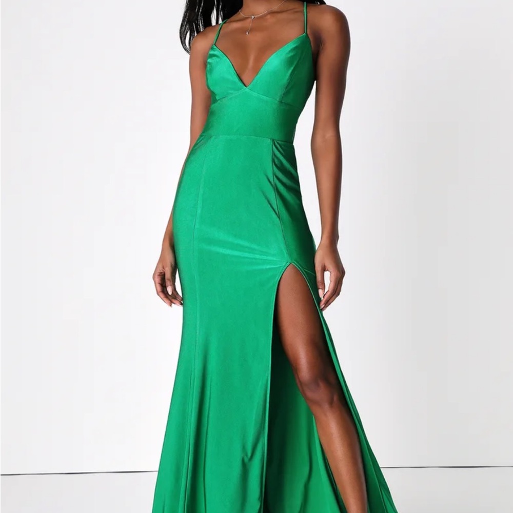 Lulus Divine Desires Green Satin Lace-Up Mermaid Maxi Dress Small